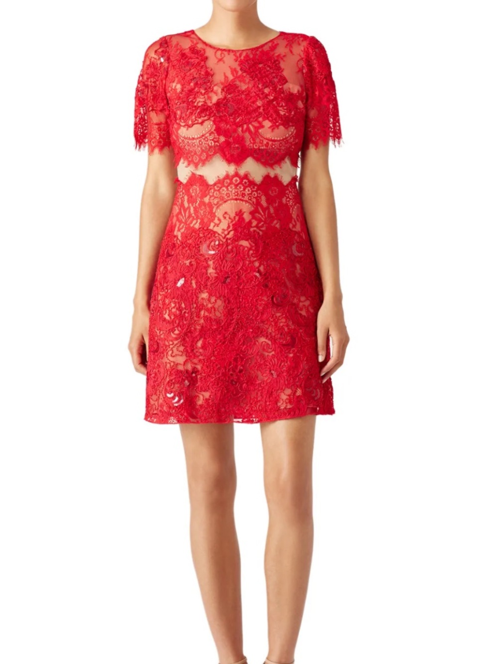 Marchesa Notte Sz 2 Red Diane Dress Lace Sequin Overlay Formal Party Cocktail.